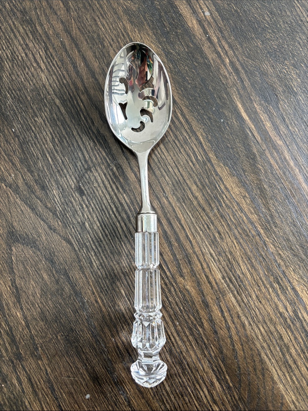 Waterford Lismore slotted serving spoon, faceted crystal handle, 10.5”